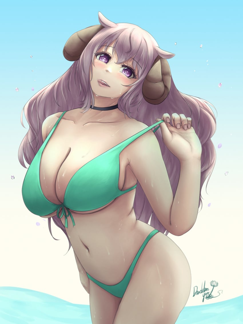 1girls animal_ears belly_button bikini blush breasts dandelion_yarn eyebrows_visible_through_hair female female_only happy hitsujimusume_meme horns huge_breasts indie_virtual_youtuber licking_lips light-skinned_female light_skin looking_at_viewer outside pink_eyes pink_hair seductive sheep_ears sheep_girl sheep_horns solo swimsuit undressing virtual_youtuber water