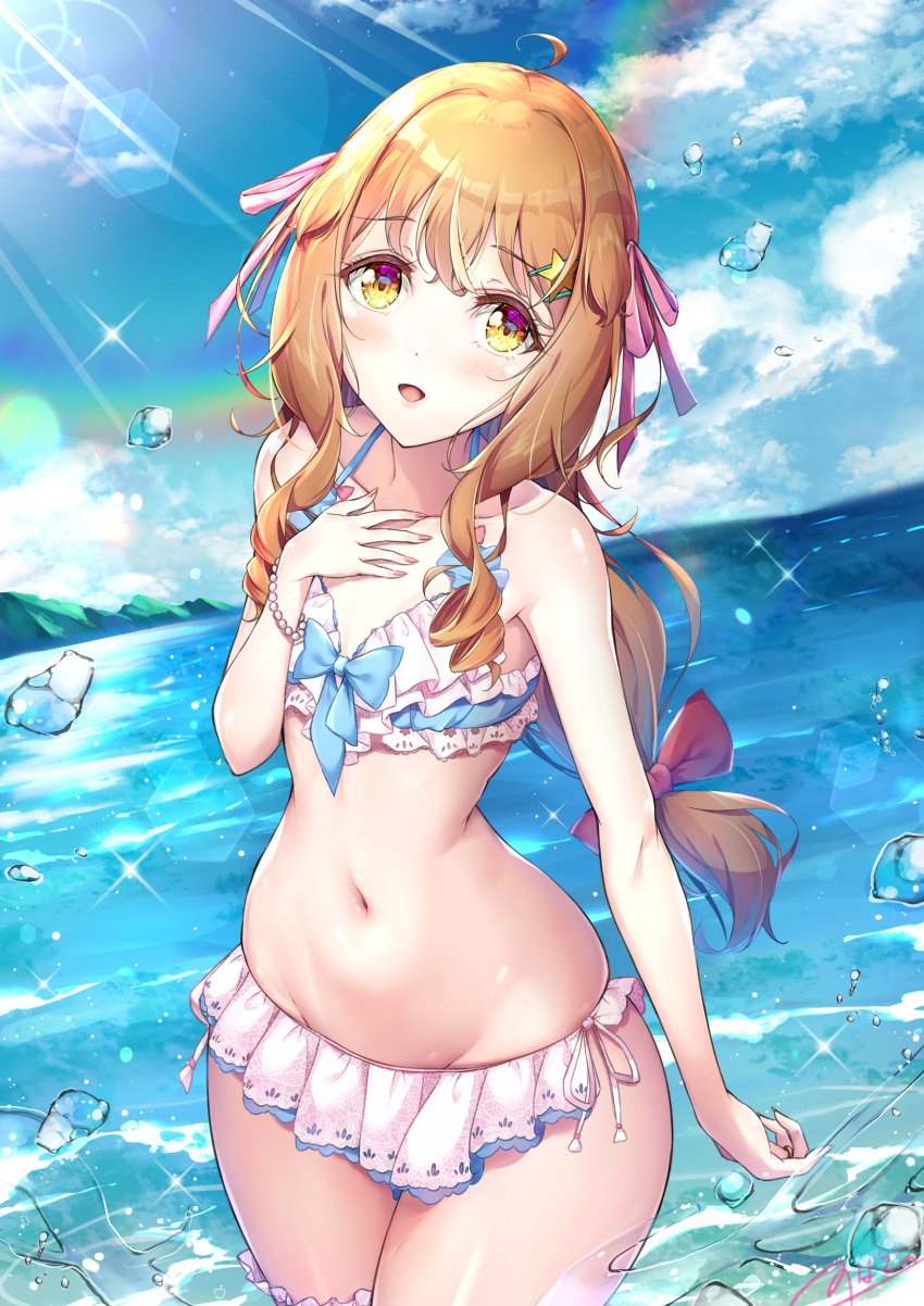 1boy androgynous beach belly_button blonde_hair blue_ribbon blue_sky blue_swimsuit blush bracelet cloud clouds crossdressing crossdressing_male femboy feminine_male frills frilly_bra frilly_panties frilly_swimwear hair_ornament hair_ribbon hairpin hand_on_chest happy light-skinned_male light_skin long_hair looking_at_viewer male male_only male_with_painted_nails natsusora_wakana navel nobady open_mouth outdoors pink_ribbon ponytail rainbow red_ribbon ribbon ribbon_in_hair ribbon_on_bra ribbons sea seaside sky solo standing standing_in_water star sun_glare sunburst swimsuit thick_thighs thighs thin_waist trap wading water water_drop water_droplets wide_hips yellow_eyes