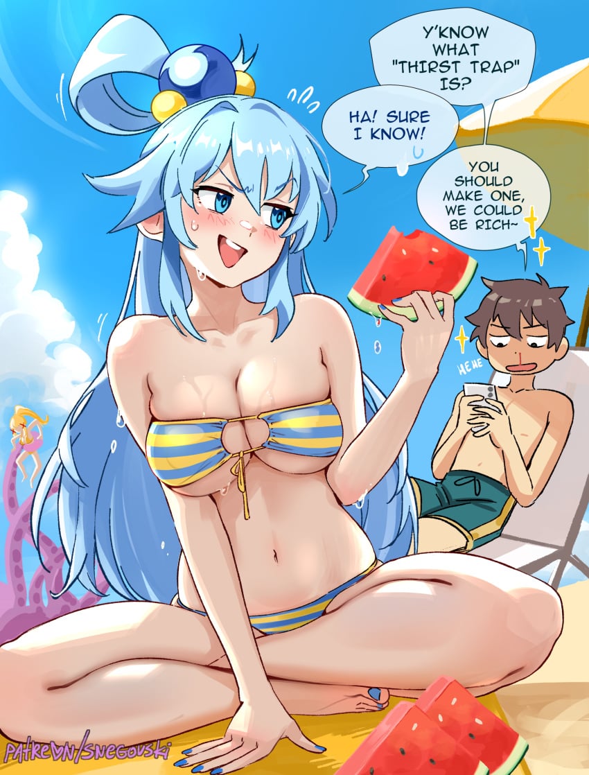 1boy 1girls aqua_(konosuba) beach big_breasts bikini blue_eyes blue_hair breasts cleavage english_text female kono_subarashii_sekai_ni_shukufuku_wo! satou_kazuma snegovski sweat sweatdrop swimsuit tentacles text thirst_trap watermelon