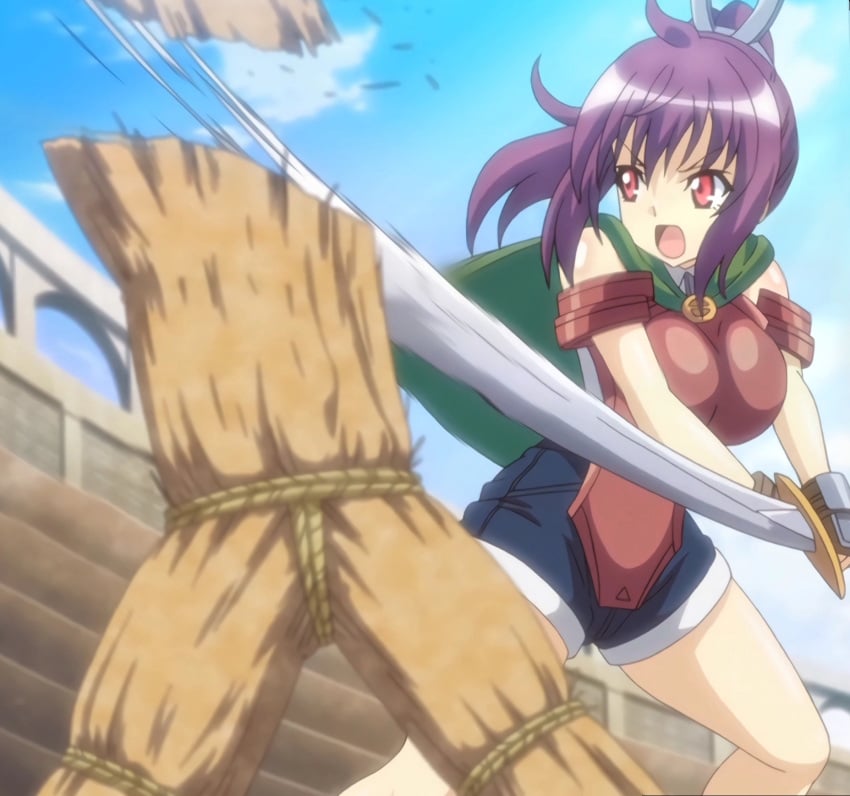 1girls accessory anime_screencap armor attack big_breasts breasts cape clothed clothed_female clothing female female_only flashback goblin_no_suana heroine knight majin_(company) purple_hair red_eyes screencap screenshot sword training warrior weapon