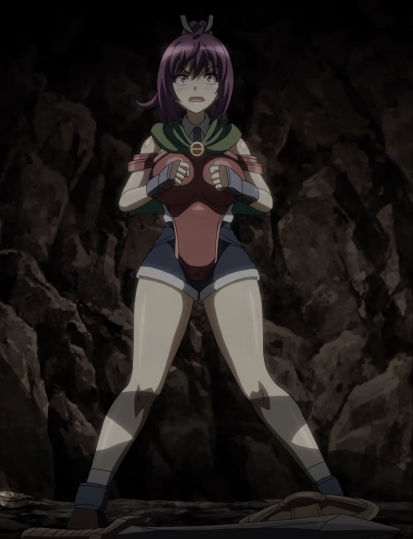 1girls adventurer armor cape cave clothed clothed_female clothing fantasy female female_focus female_only fighting_stance fingerless_gloves goblin_no_suana hair hair_accessory hair_ornament imminent_rape imminent_sex majin_(company) purple_hair ready_to_fight red_eyes scared screenshot shorts