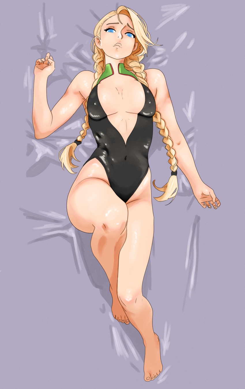 1girls barefoot barely_clothed bed blonde_hair blue_eyes braid breasts cammy_white feet lips long_hair lying on_back pinup simpbot2k solo street_fighter thick_thighs tight_clothing toes twin_braids