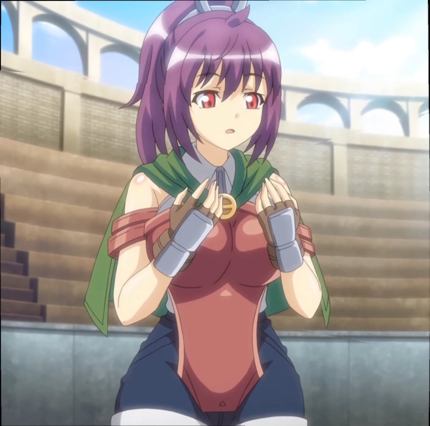 1female 1girls accessory anime_screencap armor background big_breasts breasts cape clothed clothed_female female female_only goblin_no_suana hair_accessory majin_(company) purple_hair red_eyes screenshot