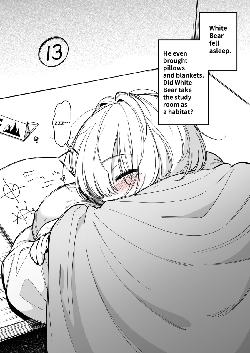 blush_lines closed_eyes english english_text fan_(f.w.zholic) original original_character short_hair sleeping text white_bear_(oc)