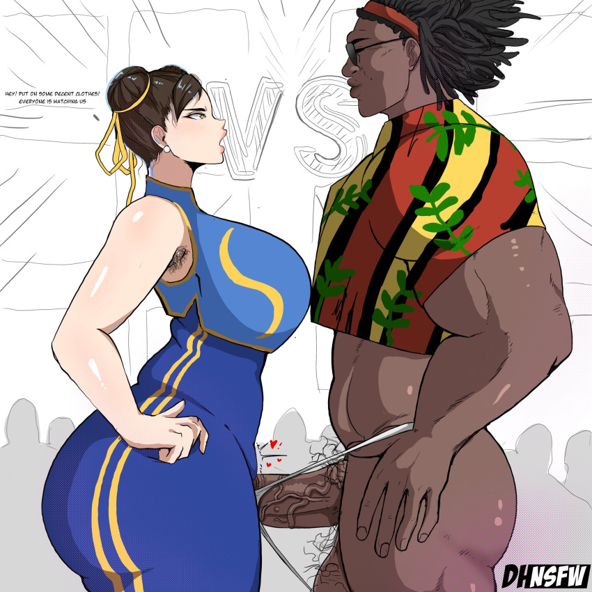 1boy 1girls 2d armpit_hair artist_name bare_shoulders black_hair brown_hair capcom chun-li color confrontation curvy_female danhnsfw dark-skinned_male dee_jay dialogue dreadlocks embarrassed english_text erection erection_in_thong exhibitionism face_to_face hairy_testicles hand_on_own_hip huge_ass interracial large_breasts large_penis larger_male light-skinned_female looking_at_another mature_female muscular_male outercourse people_in_background poking_with_penis pubic_hair public_exposure public_indecency secretly_loves_it shameless shirt side_view sideboob smaller_female straight street_fighter street_fighter_6 sunglasses talking_to_partner teasing thick_thighs thong uncensored venus_body voluptuous