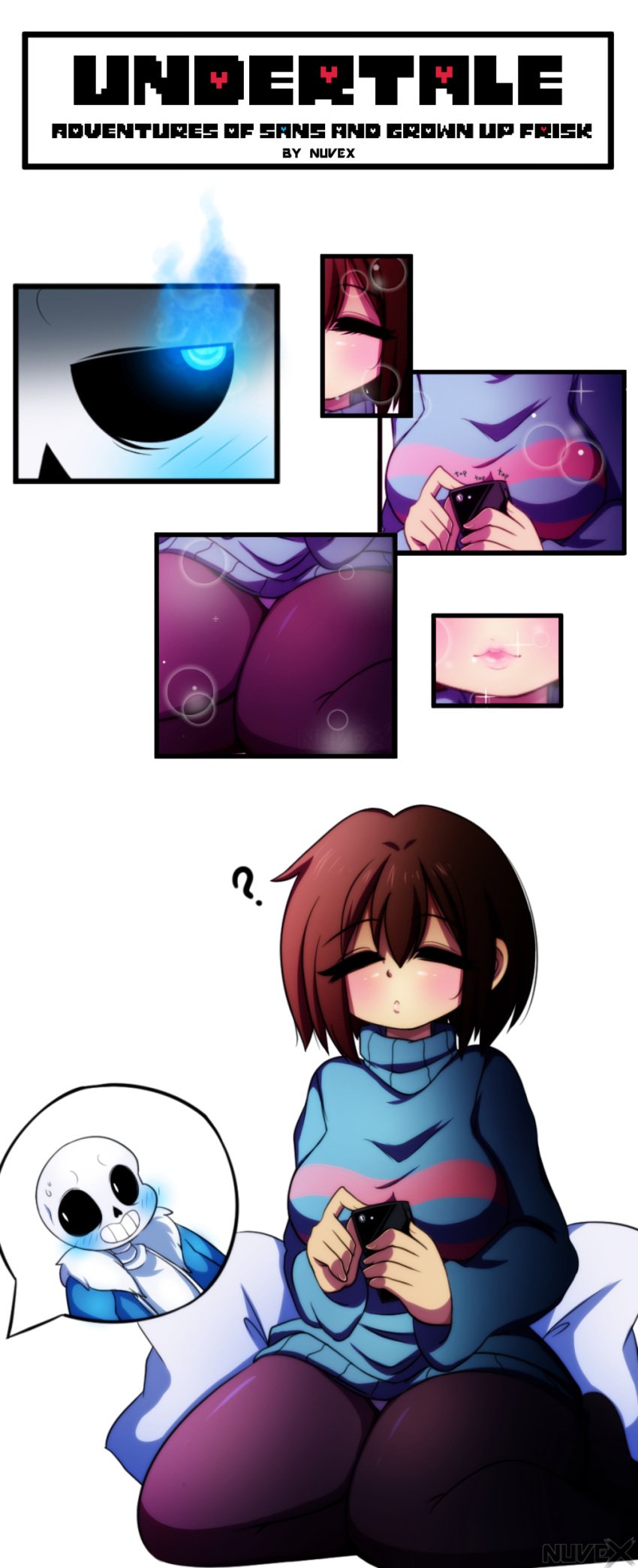 1boy 1girls ? blue_eyes blush brown_hair closed_eyes closed_mouth female female_focus female_frisk female_human frisk glowing_eyes human male nuvex pantyhose phone sans solo straight sweater undertale undertale_(series) undertale_fanfiction