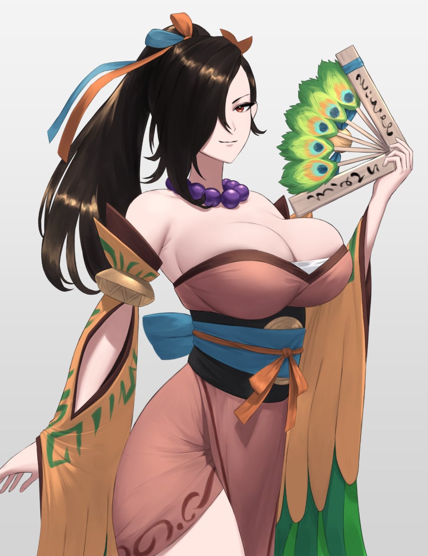 1girls alternate_costume bare_shoulders blush breasts brown_eyes brown_hair cleavage female female female_only fire_emblem fire_emblem_fates fire_emblem_heroes hair_over_one_eye hand_fan hand_up highres jewelry kagero_(fire_emblem) kagero_(winds_offered)_(fire_emblem) large_breasts long_hair looking_at_viewer necklace nintendo official_alternate_costume pelvic_curtain ponytail shou_illust smile solo white_background