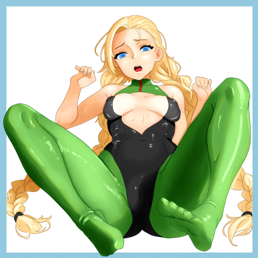 1girls blonde_hair braids breasts cammy_white feet leotard on_back open_mouth simpbot2k small_breasts solo spread_legs street_fighter twin_braids