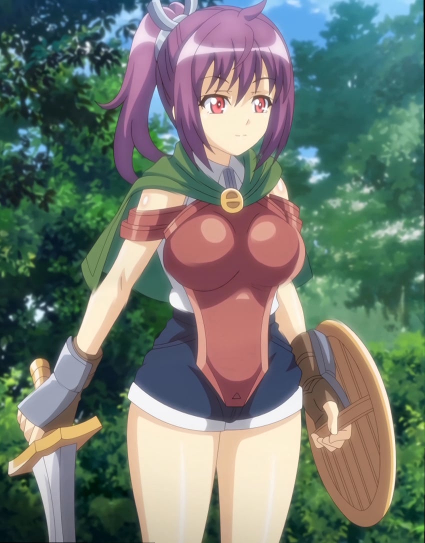 1female 1girls accessory anime_screencap armor big_breasts bladed_weapon breasts cape clothed clothed_female clothing female female_focus female_only forest goblin_no_suana hair hair_accessory happy majin_(company) majin_label purple_hair red_eyes screencap screenshot shield shorts sword