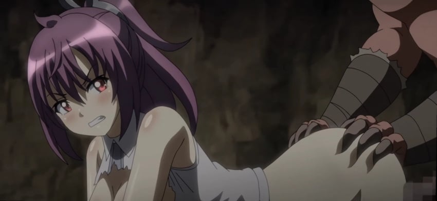 1boy 1girls 1monster all_fours ambiguous_penetration anime_screencap ass_grab bottomless breeding_slave defiant doggy_style dominant_male female goblin_no_suana majin_(company) majin_label male male/female male_monster monster nude nude_female partially_clothed purple_hair rape raped_by_monster red_eyes resisting screencap sex sex_slave topless