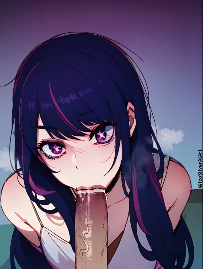 ai_generated blowjob cum cum_in_mouth female hoshino_ai icosilveraiart long_hair oshi_no_ko pov pov_eye_contact purple_hair saliva smoke