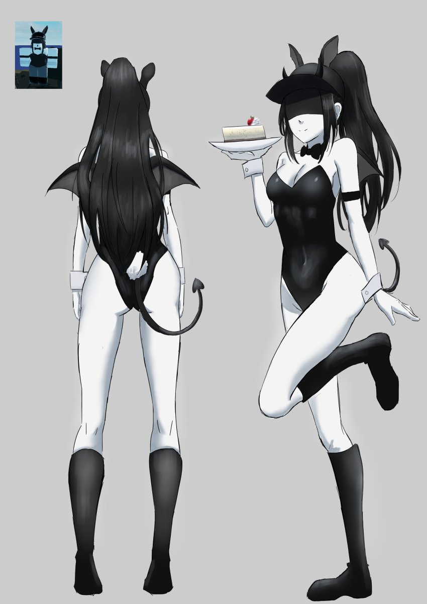 1girls artist_request ass ass_focus back_view balanced_craft_wars bare_shoulders black_hair blindfold boots bowtie breasts bunny_ears bunny_tail bunnysuit cake cap clothed clothed_female clothing craftwars_knockoff demon_girl demon_horns demon_tail demon_wings digital_drawing_(artwork) digital_media_(artwork) female_focus female_only grey_background hair horns light-skinned_female light_skin long_hair one_leg_up pale-skinned_female pale_skin ponytail reference_image roblox roblox_avatar simple_background smile smiling solo solo_female solo_focus source_request standing succubus supercoolusername_(roblox) tail thighs white_body wide_hips wings