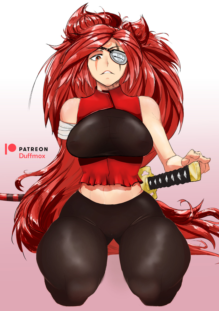 1girls baiken breasts breasts brown_eyes duffmox female female_focus female_only guilty_gear guilty_gear_strive katana milf red_hair red_hair samurai sweat thick_thighs white_skin