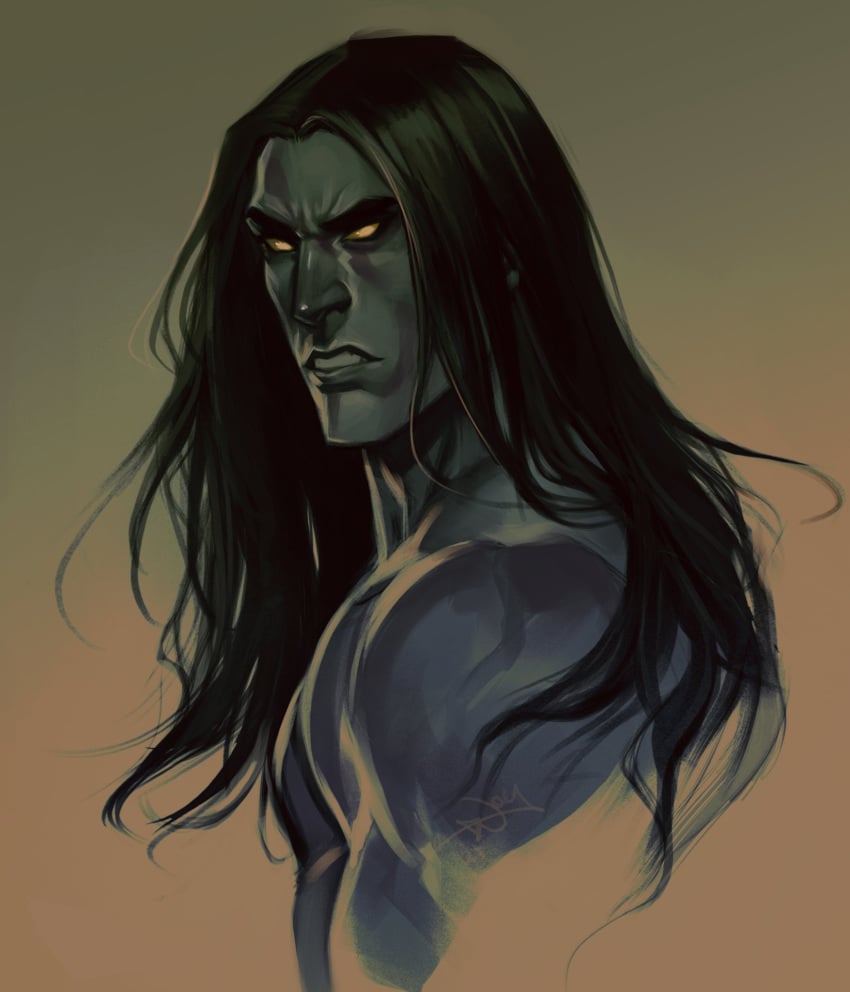 1boy artist_name artist_signature black_hair darksiders darksiders_2 death_(darksiders) facing_viewer glowing_eyes grey_body grey_skin humanoid long_hair_male looking_at_viewer looking_over_shoulder male male_only muscles muscular_male no_humans no_visible_genitalia notesz_(artist) shirtless_male solo straight_hair topless_male