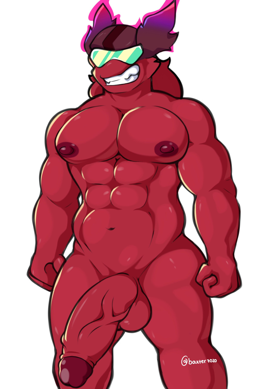 1boy 2023 abs absurd_res anthro areola artist_name athletic athletic_anthro athletic_male balls baxter7020 baxtertvin biceps big_areola big_balls big_penis demon digital_drawing_(artwork) digital_media_(artwork) eyewear fingers fur gay genitals goggles hair half-erect hi_res huge_cock long_hair male muscular muscular_anthro muscular_male navel nikolai_(redeyedgazer) nipples nude pecs penis red_body red_fur red_hair signature simple_background smile solo teeth vein veiny_penis white_background