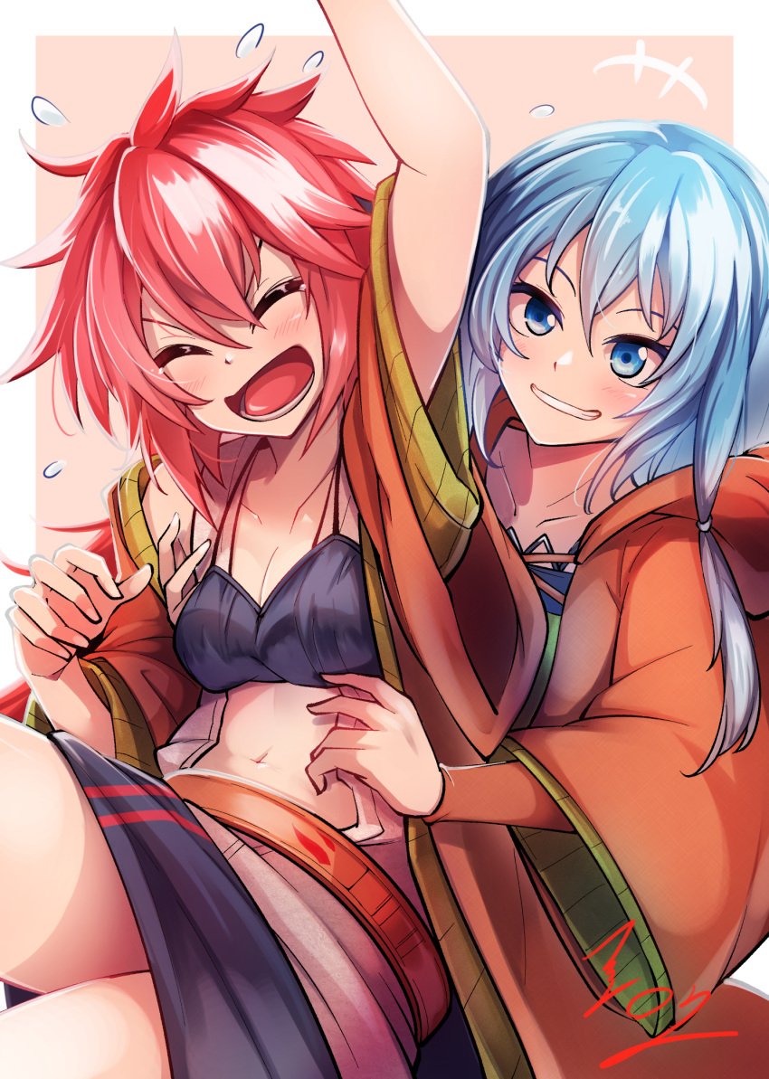 2girls blue_eyes blue_hair closed_eyes duel_monster eria_the_water_charmer female hiita_the_fire_charmer kimono laughing red_hair tickling yu-gi-oh!