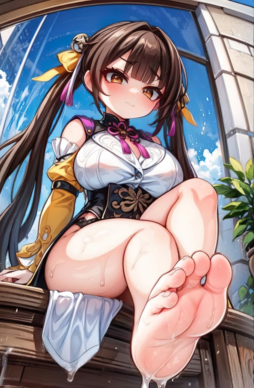 1girls 5_toes ai_generated alternate_breast_size blush brown_eyes brown_hair clothed feet female female_focus female_only foopanthia foot_fetish foot_focus footwear from_below honkai:_star_rail looking_at_viewer looking_down sitting smile smug sole_female soles solo solo_female solo_focus sushang_(honkai:_star_rail) sweat sweating sweaty_feet teasing thick_thighs thighs toes twintails wet wet_body wet_feet