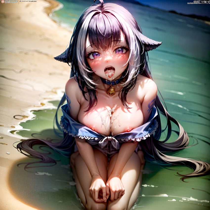 1girls ai_generated beach cleavage cum cum_in_mouth cum_on_breasts hi_res kneeling large_breasts long_hair nipples open_mouth purple_hair shylily stable_diffusion virtual_youtuber