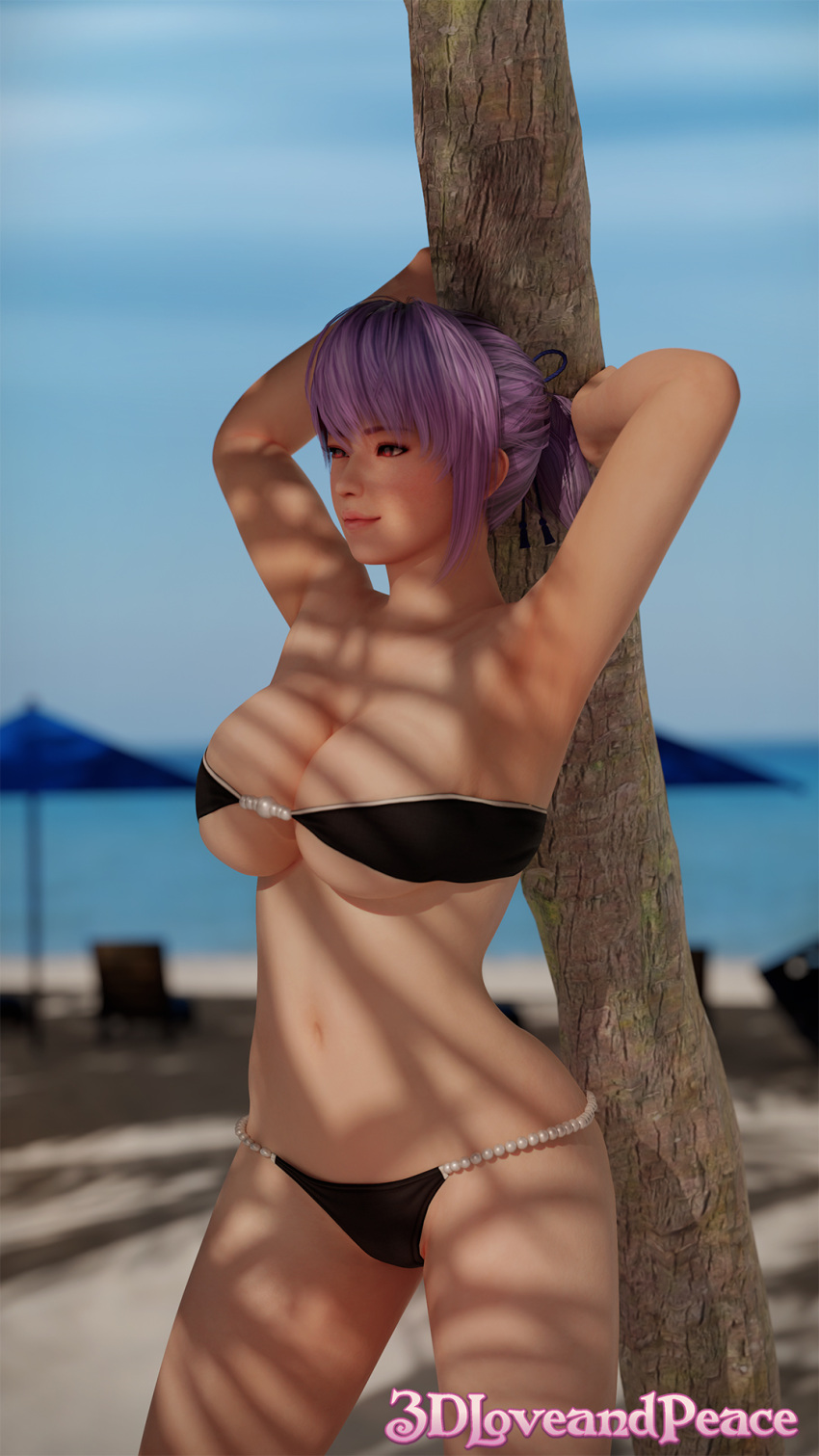 1girls 3d 3dloveandpeace ayane_(doa) bikini brown_eyes cleavage dead_or_alive flower_necklace huge_breasts short_hair voluptuous