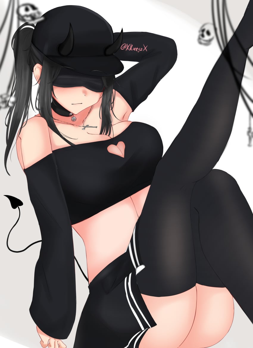 1girls armpits ass balanced_craft_wars bare_shoulders bell_collar black_blindfold black_cap black_collar black_crop_top black_hair black_thighhighs blindfold boob_window breasts cleavage clothed clothed_female clothing collar collarbone craftwars_knockoff crop_top cross_necklace demon_girl demon_horns demon_tail digital_drawing_(artwork) digital_media_(artwork) female female_focus female_only hair hat horns light-skinned_female light_skin midriff necklace open_mouth ponytail roblox roblox_avatar schrodinger’s_panties simple_background skindentation skirt source_request succubus supercoolusername_(roblox) thighhighs thighs twitter_username watermark white_background zettai_ryouiki