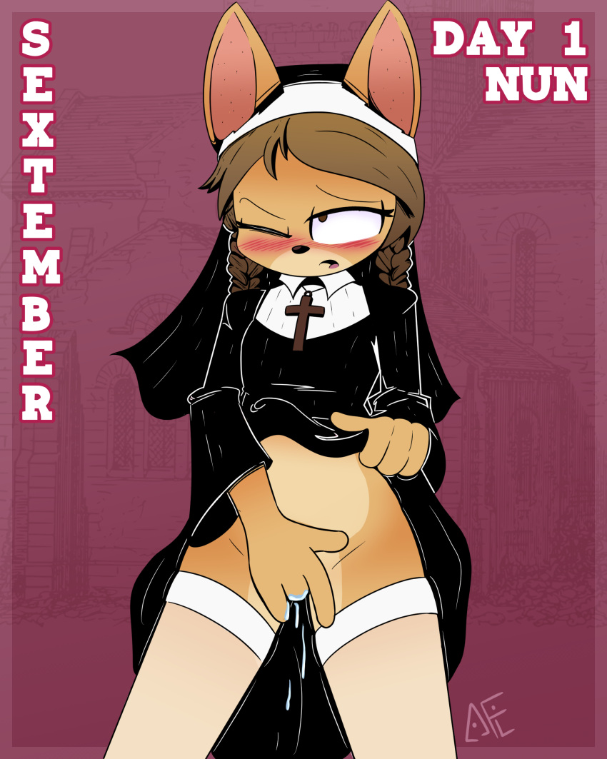 1girls 2023 4_fingers absurd_res anthro brown_eyes brown_hair canid canine canis christianity cross crucifix domestic_dog female female_only hair hi_res long_socks mammal masturbation necklace nun nun_habit nun_outfit pussy_juice religion sextember socks solo solo_female tdfoxoo white_socks young