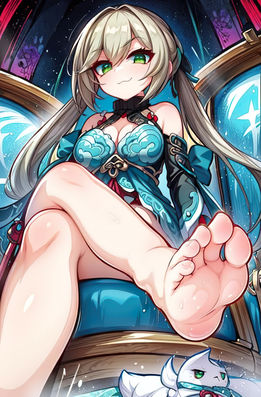 1girls 5_toes ai_generated alternate_breast_size blush brown_hair clothed crossed_legs feet female female_focus female_only foopanthia foot_fetish foot_focus foot_play foot_tease footwear from_below green_eyes honkai:_star_rail looking_at_viewer looking_down qingque_(honkai:_star_rail) sitting smile smug sole_female soles solo solo_female solo_focus teasing thick_thighs thighs toes twintails