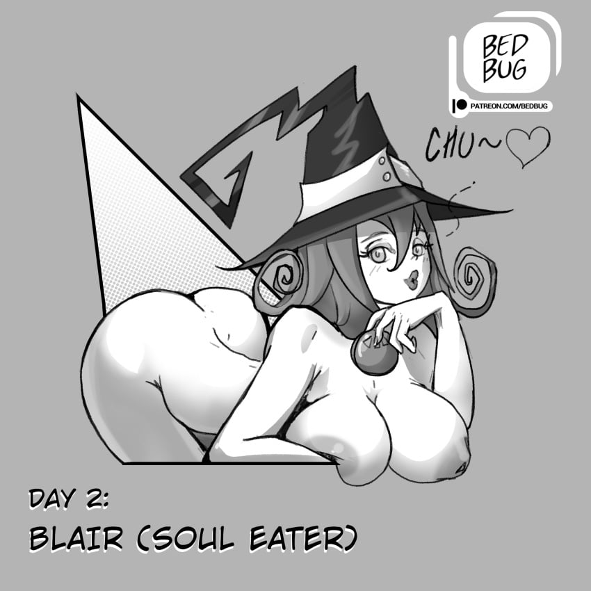 bedbug_(artist) big_ass big_breasts blair_(soul_eater) fully_nude greyscale laying_down soul_eater witch_hat