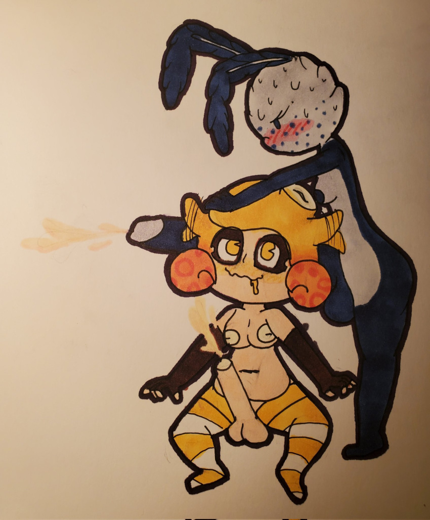 2futas bea_(dexielewdles) cum dexie_(dexielewdles) dexielewdles drooling ear_penetration futanari gloves hands-free hyper hyper_penis long_gloves mindfuck octoling octoling_girl sea_slug self_insert self_upload skull_flossing skull_fucking splatoon thighhighs