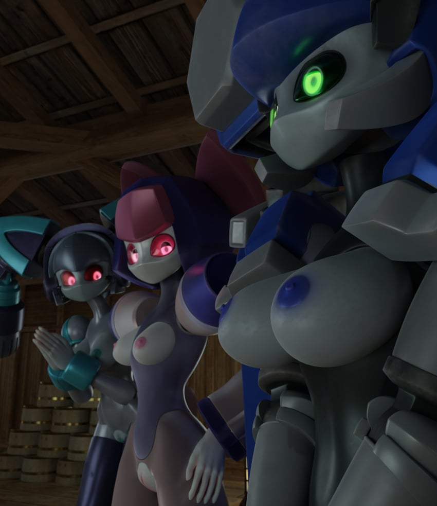 3d 3d_(artwork) 3girls armor big_breasts blazermate blender blue_nipples bow brass breast_envy breast_focus cat_ears dia-stage female female_only fembot glowing_eyes green_eyes hand_on_hip hands_together indoors lorded medarot medium_breasts multicolored_body multiple_girls night nipples nude pink_labia_minora pink_nipples plump_labia red_eyes robot robot_girl sailor-multi shy teal_labia_minora teal_nipples twintails white_body wooden_floor