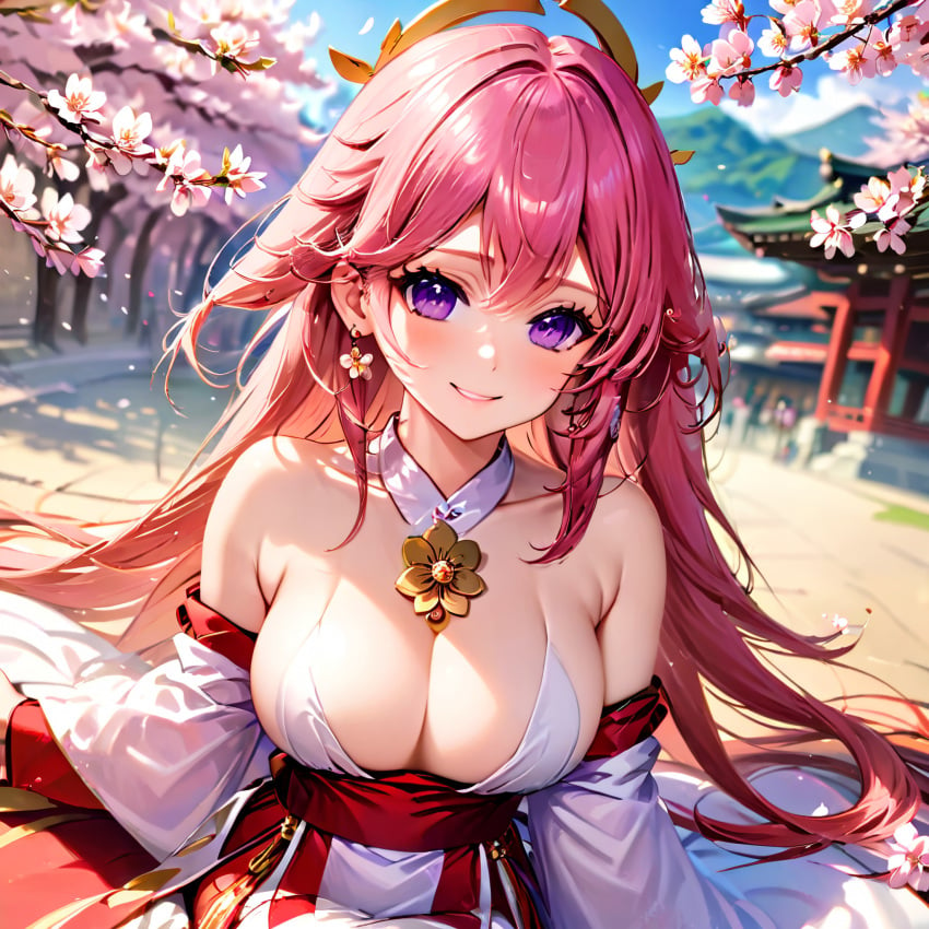 1girls ai_generated beautiful_background big_ass big_breasts big_butt cherry cherry_blossoms detailed detailed_background female female_only genshin_impact hi_res high_resolution highres huge_ass huge_breasts huge_butt pink_hair purple_eyes sex smile smiling smiling_at_viewer stable_diffusion temple thick_thighs yae_miko