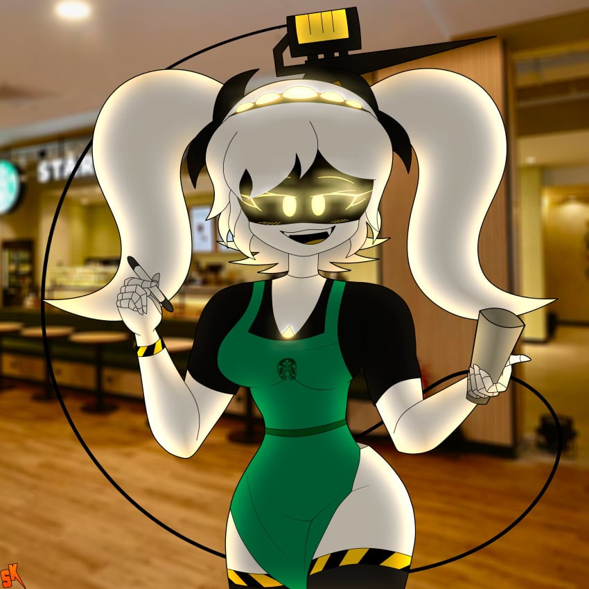 1female 1girls barista female female_focus female_only glitch_productions j_(murder_drones) meme_attire murder_drones robot robot_girl robot_humanoid robot_joints robotic robotic_arm robotic_arms robotic_leg robotic_legs robotic_limb samkvevo smile solo solo_female solo_focus standing starbucks