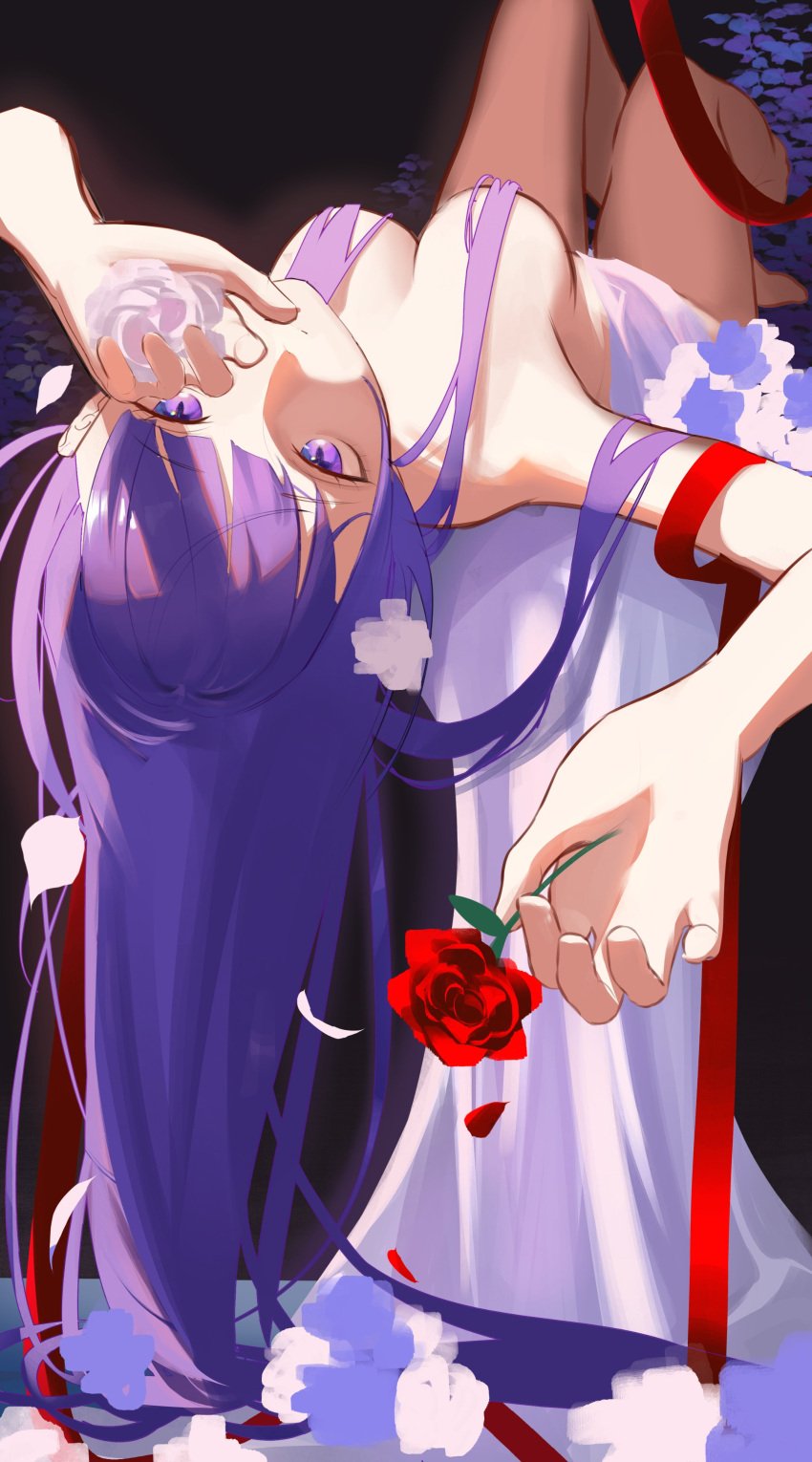 1girls absurdres blunt_bangs breasts cherrymaru closed_mouth covered_nipples expressionless falling_petals female flower genshin_impact highres holding holding_flower knees_up large_breasts long_hair looking_at_viewer lying on_back petals purple_eyes purple_hair raiden_shogun red_flower red_petals red_ribbon red_rose ribbon rose solo white_flower white_rose