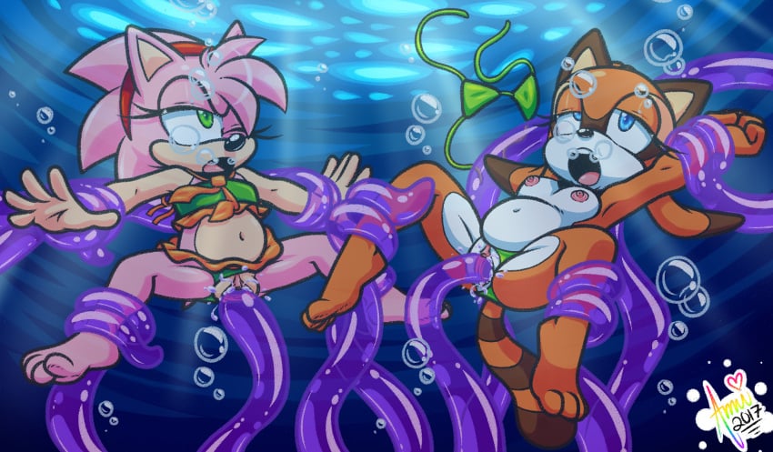 2girls air_bubbles amuzoreh amy_rose animal_ears anthro asphyxiation bangs barefoot big_belly bikini bikini_aside bikini_bottom bikini_bottom_aside bikini_top_removed blue_eyes bondage breasts bubbles classic_amy_rose cum cum_in_pussy cum_inside cumflation drowning excessive_cum feet female female_focus fur furry hairband half-closed_eyes hedgehog inflation looking_pleasured marine_the_raccoon moaning navel nipples ocean one_eye_closed open_mouth orange_fur pink_fur pussy questionable_consent raccoon sea sega sex small_breasts sonic_(series) sonic_the_hedgehog_(series) swimsuit tentacle tentacle_sex topless underwater underwater_sex water