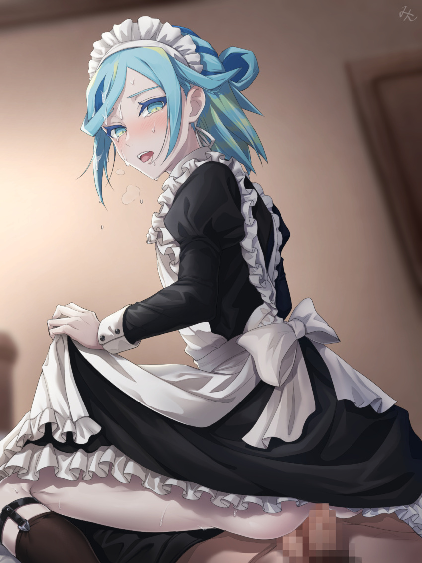 2boys alternate_costume anal apron aqua_eyes aqua_hair ass black_dress blurry blurry_background blush buttons censored clothes_lift collared_dress crossdressing dress dress_lift femboy frilled_apron frills grusha_(pokemon) highres indoors lifted_by_self long_sleeves looking_down maid_headdress male_focus min_(myna8247) mosaic_censoring multiple_boys open_mouth penis pokemon pokemon_(game) pokemon_sv sex socks sweat teeth tongue tongue_out upper_teeth_only white_apron yaoi