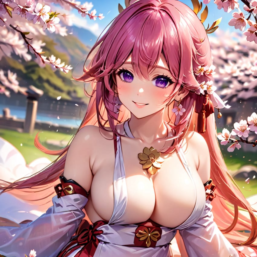 1girls ai_generated beautiful_background big_ass big_breasts big_butt cherry cherry_blossoms detailed detailed_background female female_only genshin_impact hi_res high_resolution highres huge_ass huge_breasts huge_butt pink_hair purple_eyes sex smile smiling smiling_at_viewer stable_diffusion temple thick_thighs yae_miko