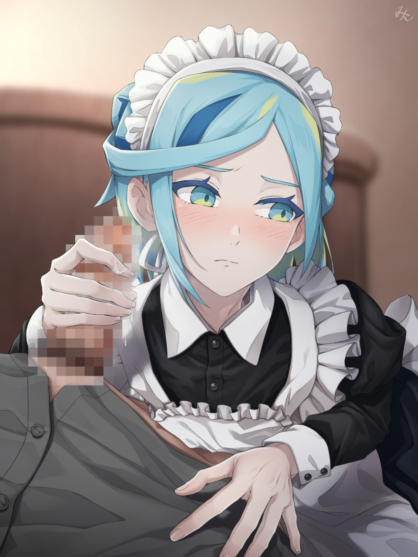 2boys alternate_costume apron aqua_eyes aqua_hair black_dress blurry blurry_background blush buttons censored closed_mouth collared_dress crossdressing dress eyelashes femboy frilled_apron frills grusha_(pokemon) handjob highres indoors long_sleeves looking_to_the_side maid_headdress male_focus min_(myna8247) mosaic_censoring multiple_boys penis pokemon pokemon_(game) pokemon_sv white_apron yaoi