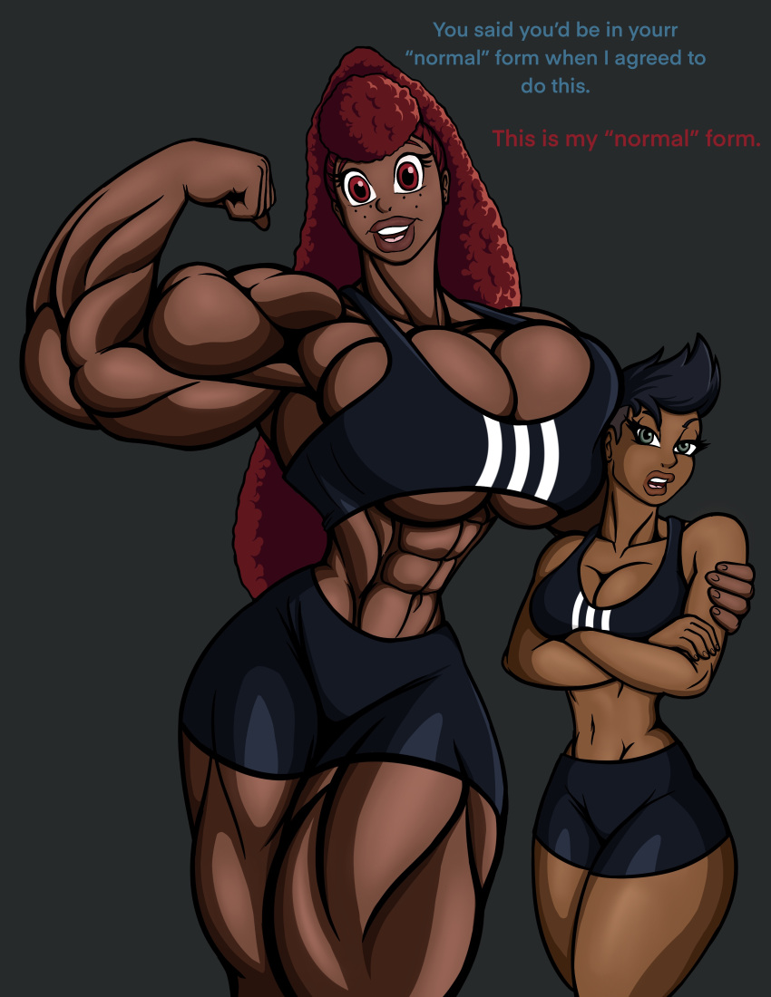 amazon amazonian big_breasts big_muscles breast_squish breasts_bigger_than_head dark-skinned_female dark_hair dark_skin flexing_bicep freckles huge_breasts larger_female medium_support_(meme) muscles muscular muscular_female ponytail red_eyes red_hair smaller_female tall_female taller_female taller_girl tomkat96