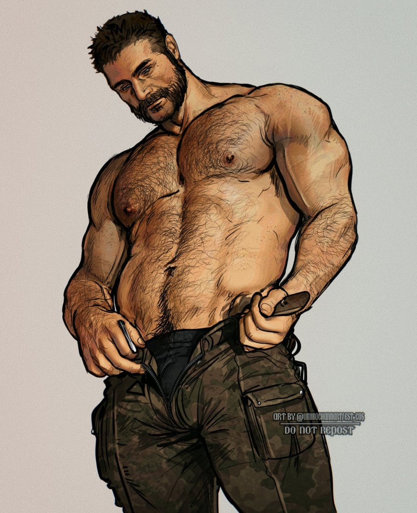 1boy arm_hair artist_name bara beard_stubble belt_unbuckled biceps body_hair brown_hair call_of_duty call_of_duty_modern_warfare_2_(2022) captain_price chest_hair do_not_repost facial_hair freckles grey_eyes hairy_male human john_price male male_nipples male_only manly mature_male muscles muscular_male mustache mutton_chops no_visible_genitalia open_pants pants_open pecs plain_background realistic sideburns smirk solo umikochannart