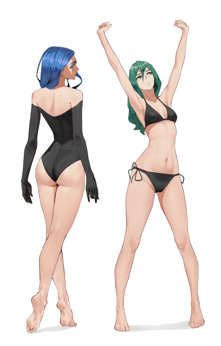 2girls ass barefoot belly belly_button blue_hair feet gloves green_hair legs long_sleeves small_breasts swimsuit swimwear tbocart