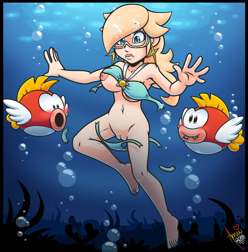 1girls alluring amuzoreh assisted_exposure bikini blushing cheep_cheep female human looking_at_pussy mario_(series) nintendo ocean princess_rosalina super_mario_galaxy swimming swimsuit torn_clothes underwater wardrobe_malfunction