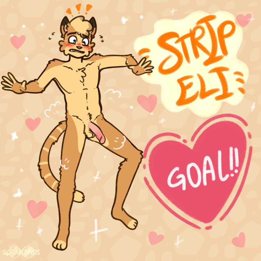 1:1 anthro art_meme blush breaking_the_fourth_wall digital_media_(artwork) eli_(solarlewds) embarrassed english_text felid feline flaccid fur genitals heart hi_res male mammal meme multicolored_body multicolored_fur nude penis simple_background solarlewds solo strip_meme text twitter yellow_body yellow_fur