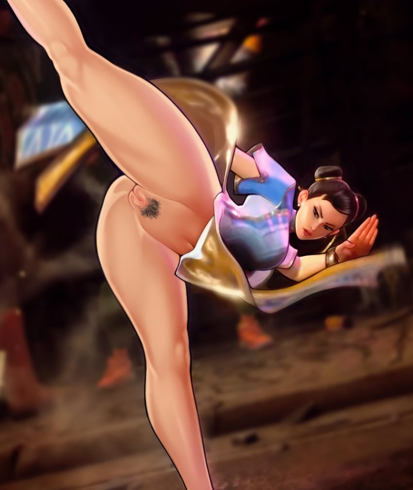 1girls bottomless brown_hair chun-li hairy_pussy kicking kung_fu lipstick loodncrood looking_at_pussy no_panties showing_pussy skinny street_fighter street_fighter_6