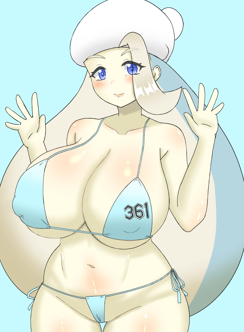 big_breasts bikini blue_background blue_bikini blue_eyes blush breasts breasts_bigger_than_head doors_drop eyebrows_visible_through_hair game_freak hands_up hat huge_breasts melony_(pokemon) milf nintendo pokemon pokemon_ss shiny_skin solo white_hair