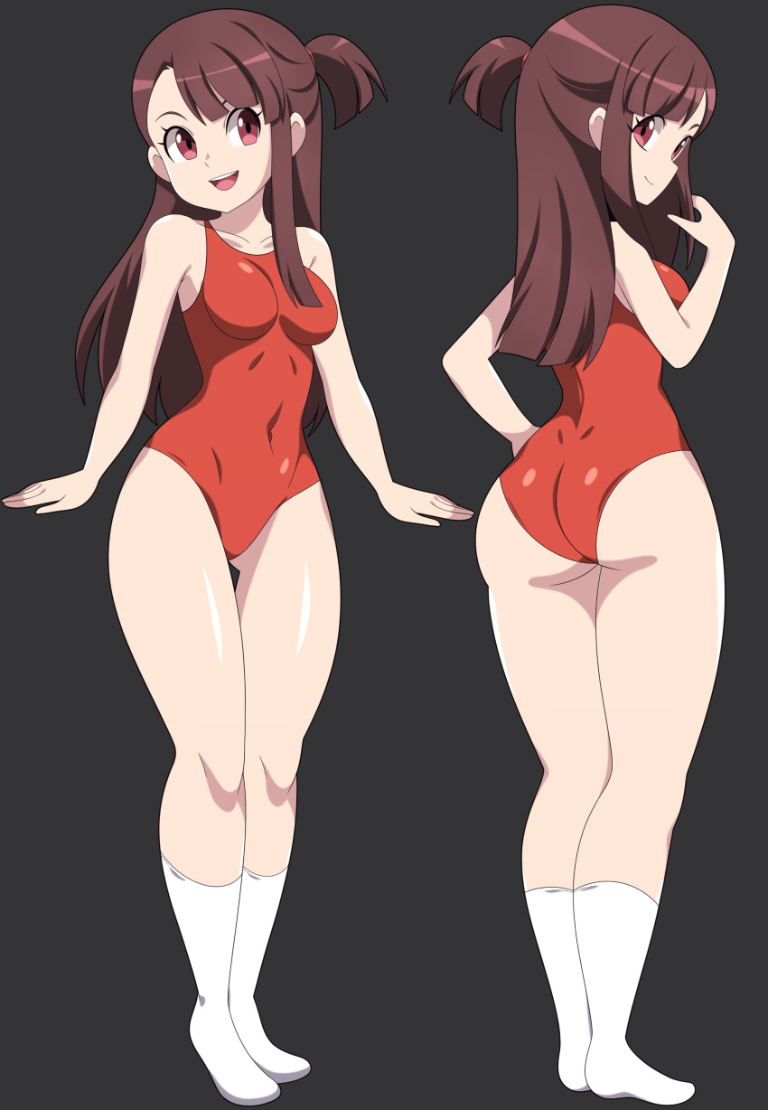 1girls abysswatchers akko_kagari alternate_version_available ass big_ass big_breasts breasts brown_eyes brown_hair female female_only footwear full_body hair hand_on_hip hips huge_ass legs little_witch_academia one-piece_swimsuit red_swimsuit sideboob smile socks solo solo_female swimsuit swimwear thighs white_socks