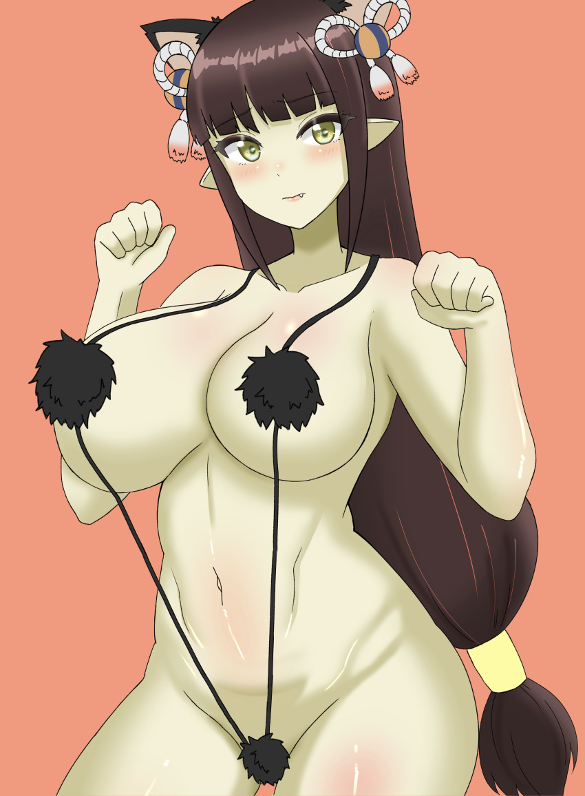 animal_ears big_breasts bikini blush breasts brown_hair cat_ears catgirl doors_drop fur_bikini hair_ornament huge_breasts micro_bikini minoto monster_hunter monster_hunter_rise paw_pose pointy_ears solo wyverian yellow_eyes