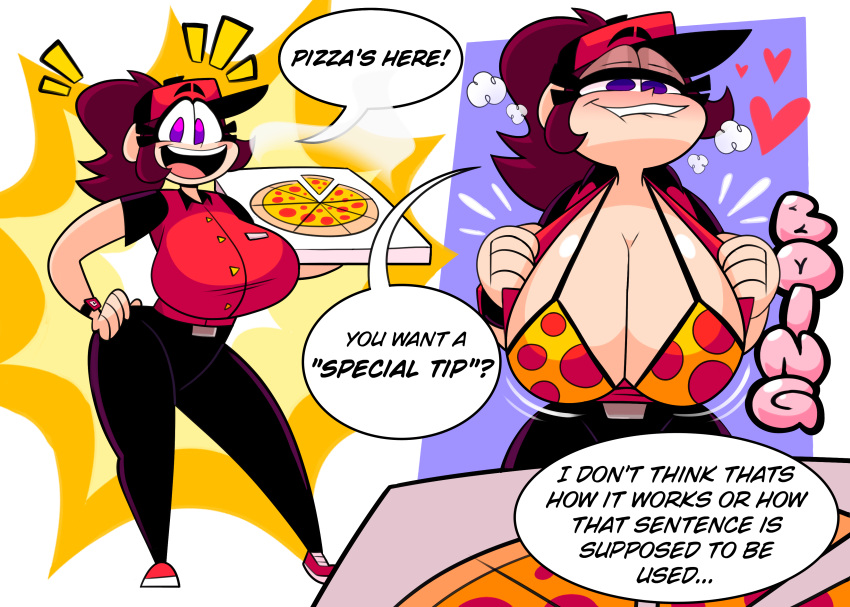 1girls 2023 ass biting_lip bra breasts brown_hair cleavage english_text female female_focus female_only hand_on_hip hat heart large_ass large_breasts mojo_montebon offscreen_character opening_shirt original original_character pepperoni pepperoni_pizza pizza pizza_box pizza_girl purple_eyes steam text text_bubble thick_thighs thighs trixie_(mojo_montebon) watch wristwatch