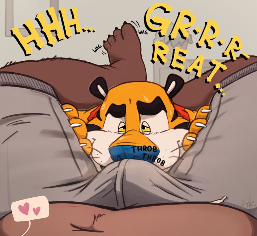 anthro bear bearafterall blue_nose bottomwear brown_body bulge clothing duo english_text felid frosted_flakes gay heart hi_res kellogg's male male/male mammal mascot musk onomatopoeia orange_body pantherine pants slightly_chubby sniffing sound_effects text tiger tony_the_tiger white_body yellow_sclera