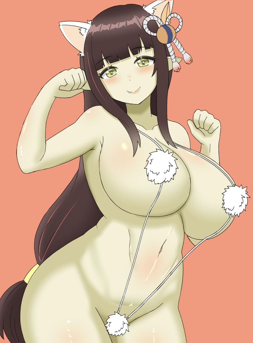 animal_ears big_breasts bikini blush breasts brown_hair cat_ears catgirl doors_drop fur_bikini hair_ornament hinoa huge_breasts micro_bikini monster_hunter monster_hunter_rise paw_pose pointy_ears solo wyverian yellow_eyes