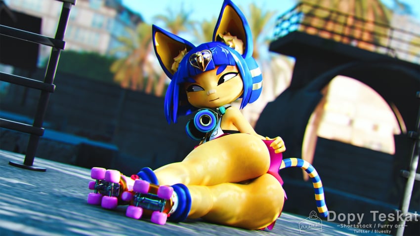 16:9 1girls 3d 3d_(artwork) 3d_model animal_crossing ankha ankha_(animal_crossing) ankha_(zy0n7) anthro ass bandage_on_nose big_butt big_ears blender_(software) blue_hair bottomwear clothed clothing digital_media_(artwork) domestic_cat dopyteskat doubutsu_no_mori felid feline felis female genitals hair headphones headphones_around_neck hi_res looking_away lying mammal markings nairu_(doubutsu_no_mori) nintendo no_underwear on_side pussy roller_skates sashacakes short_stack shortstack skirt solo striped_markings striped_tail stripes tail tail_markings thick_thighs upskirt widescreen yellow_body zy0n7