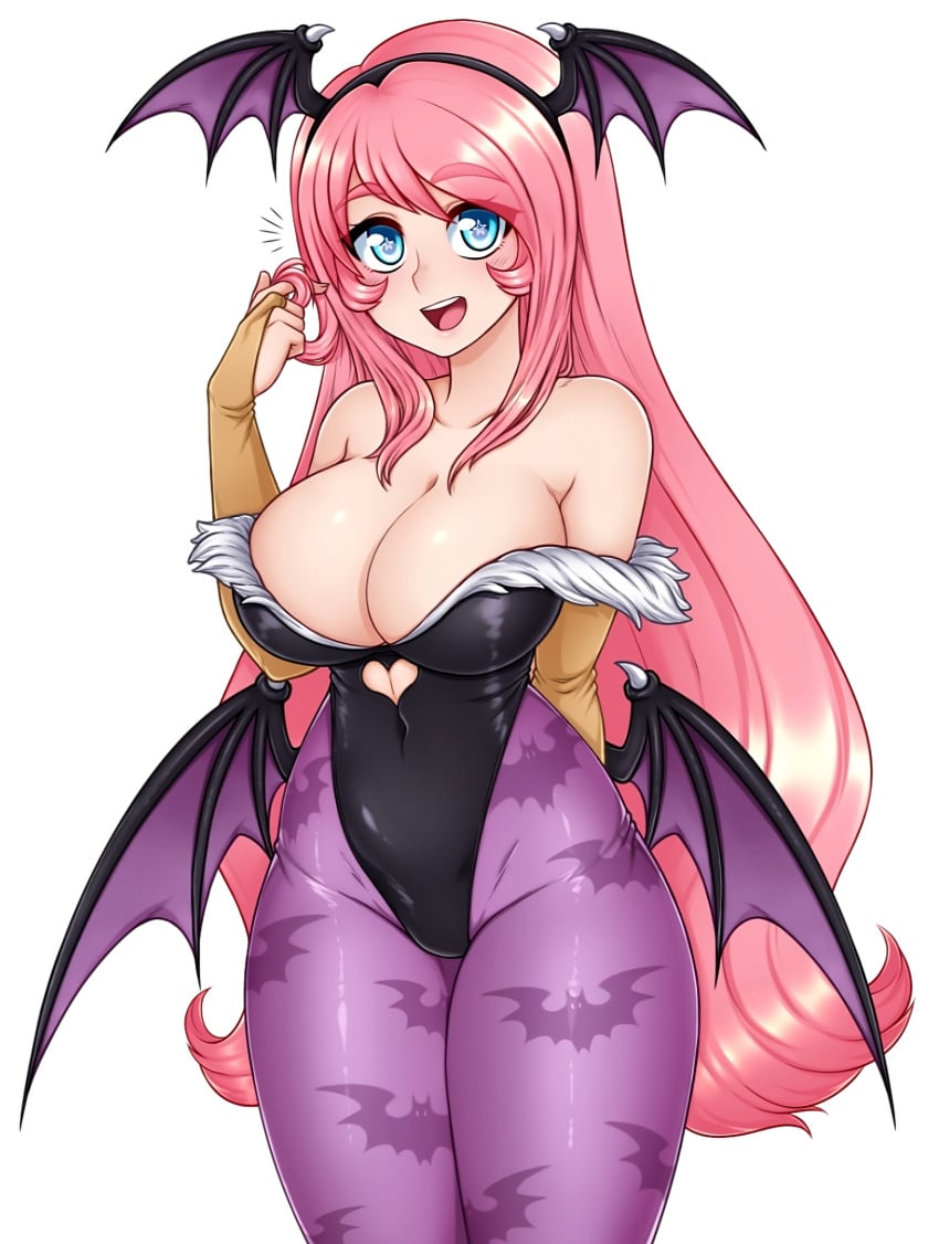 1girls bat_wings big_breasts blue_eyes breasts cleavage clothing cosplay crossover_pairing darkstalkers dojipan female female_only hourglass_figure huge_breasts large_breasts light-skinned_female lipstick long_hair lugame morrigan_aensland_(cosplay) open_mouth pink_hair skin_tight smooth_skin solo solo_female solo_focus spewing_mews stars_in_eyes thick_thighs thunder_thighs tifa_(lugame) tight_clothing transparent_background twirling_hair wide_hips wings